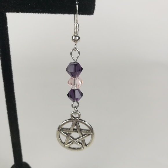 Simple pentacle earrings pink & purple faceted glass beads witchy pagan new age - Picture 3 of 3
